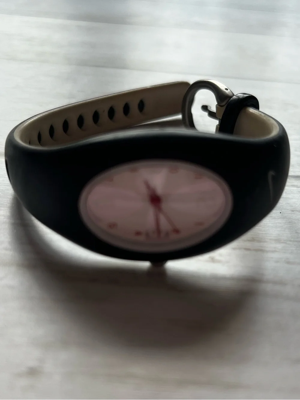 Vintage Nike Black Silicone Watch with Pink Dial and Red Hands